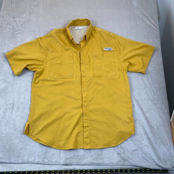 Columbia PFG Mens Fishing Shirt M Omni-Shade Yellow Short-Sleeve Caped and Vente - Picture 8 of 12